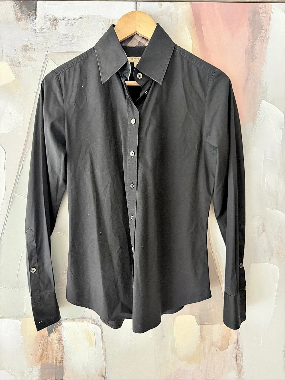 Burberry London Black Cotton Long Sleeve Shirt with Nova Check Trim Long Sleeve